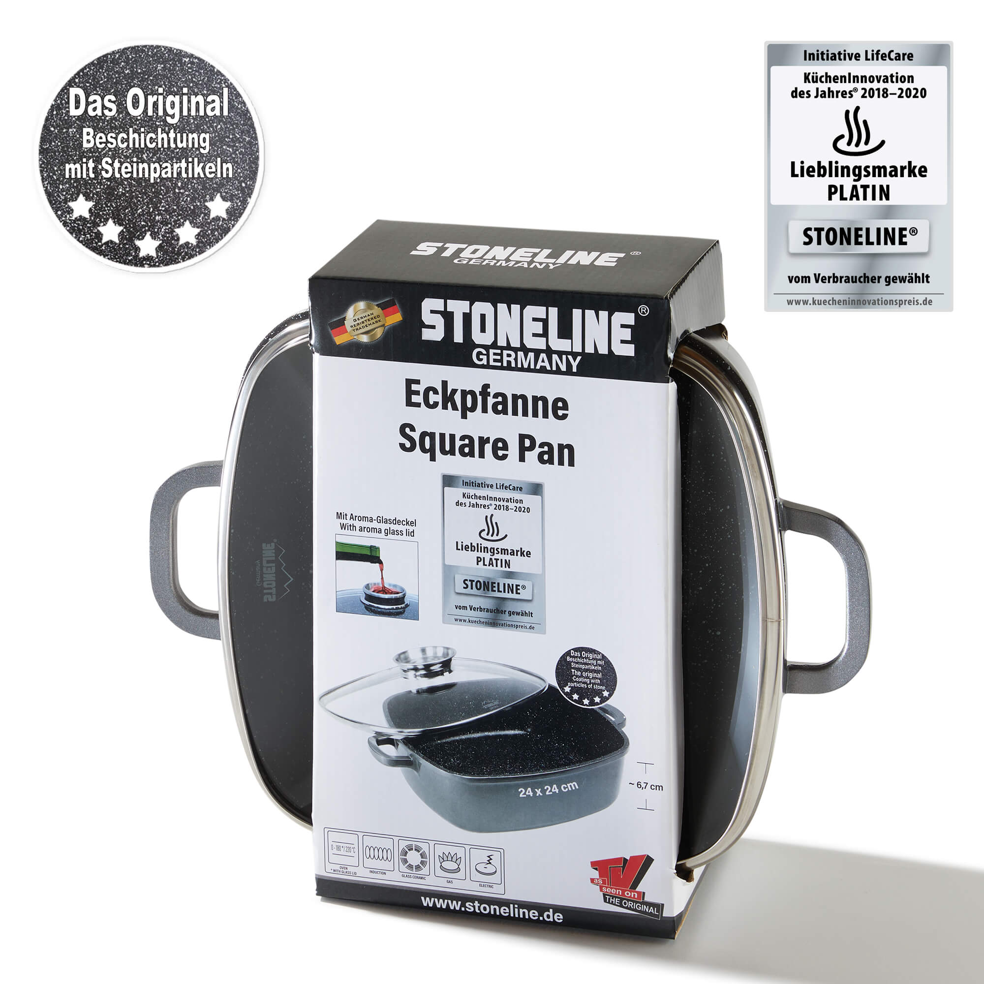 STONELINE XXL Fish and Schnitzel Pan 35 x 24 cm with Glass Lids Suitable for Induction Cookers