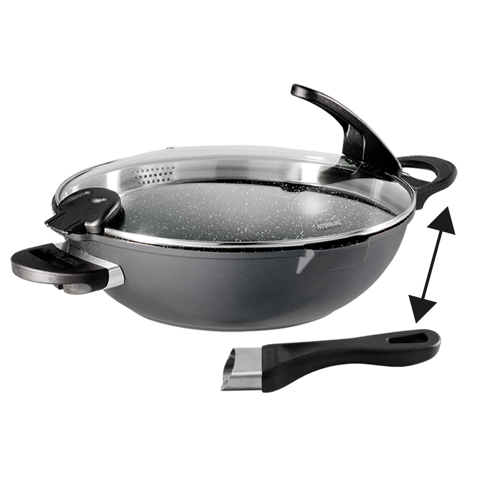 FUTURE Wok 32 cm with - Sieve Stick | Non handles Stoneline Cookware Lid Glass Kitchenware and exchangeable
