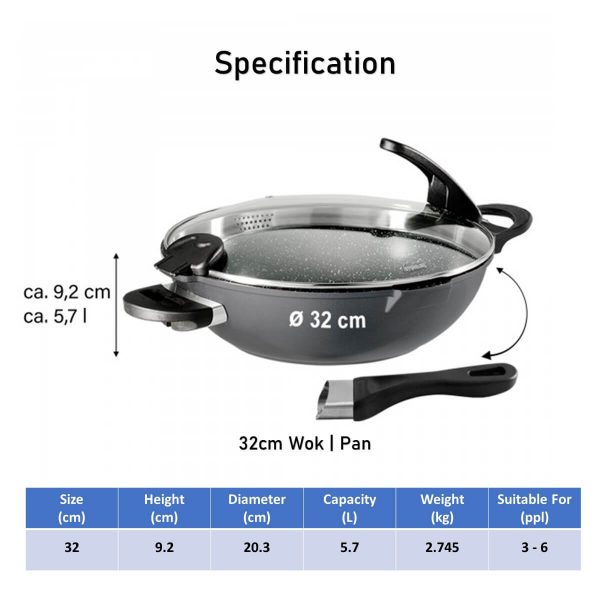FUTURE Wok 32 cm with exchangeable handles and Sieve Glass Lid