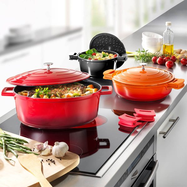 Roaster 6Pcs Cookware Set with Lid, (Black 20cm, Volcanic 28cm, Cherry Red 32x25cm)