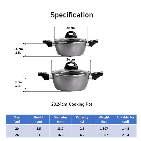 REMO 4pc Cooking Pot set 20/24 cm with Glass Lids and Removable Handles